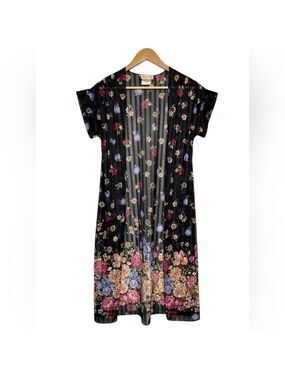 Vintage Sears Floral Duster Kimono Sheer Black Mesh Size 9